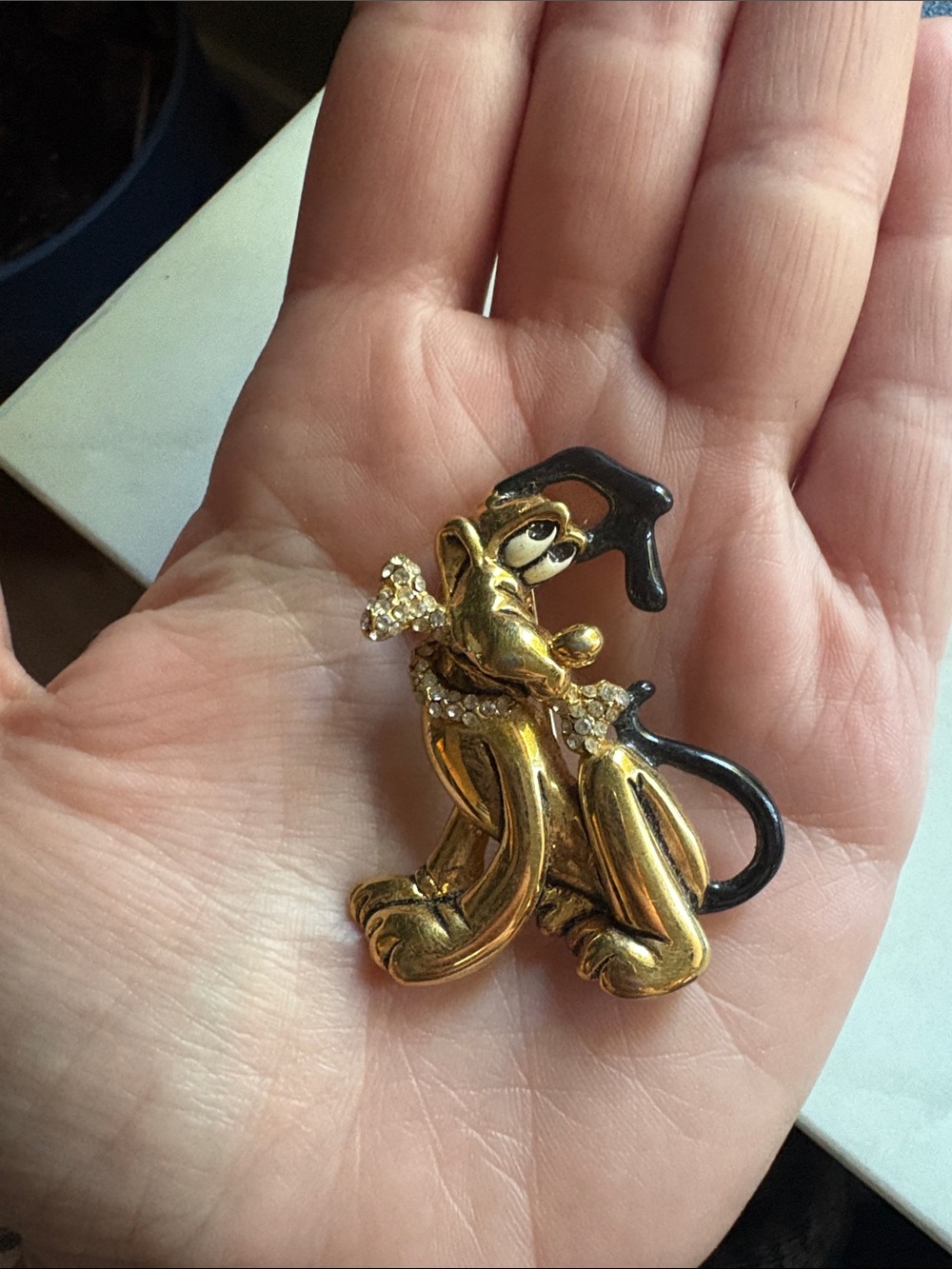 Disney/Napier Gold Tone Pluto Brooch Pin with Black Enamel and Rhinestones